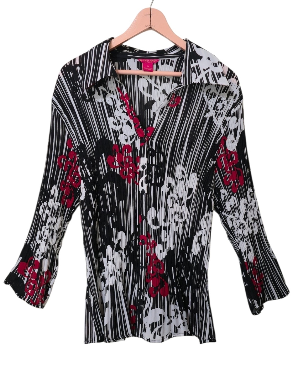 Sunny Leigh Crinkle Pleated Bell Sleeve Button Blouse 2XL Abstract Party Retro